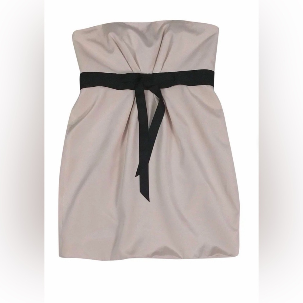 Marchesa Cream Pink Strapless Dress with Black Bow